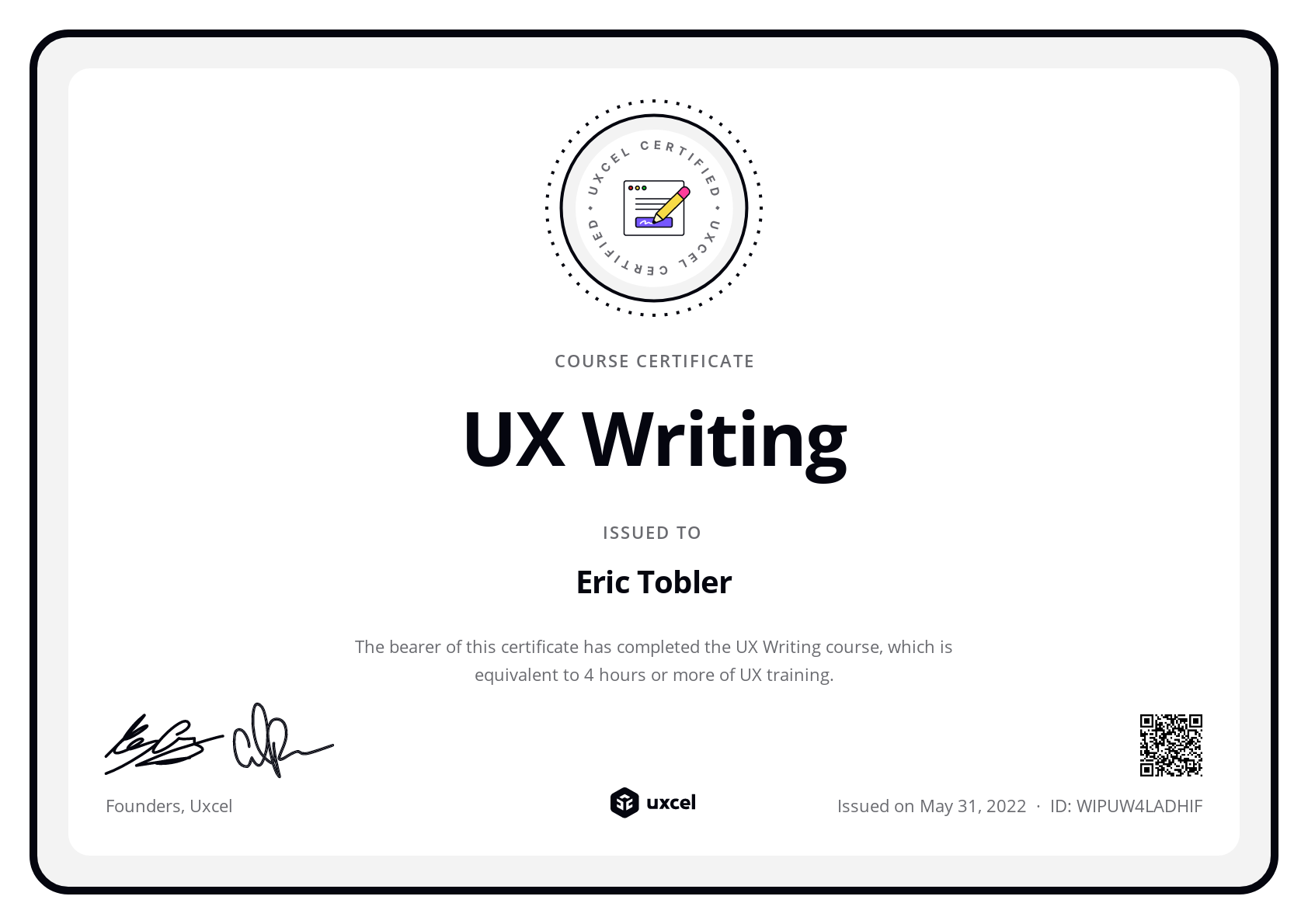 Eric Tobler's certificate